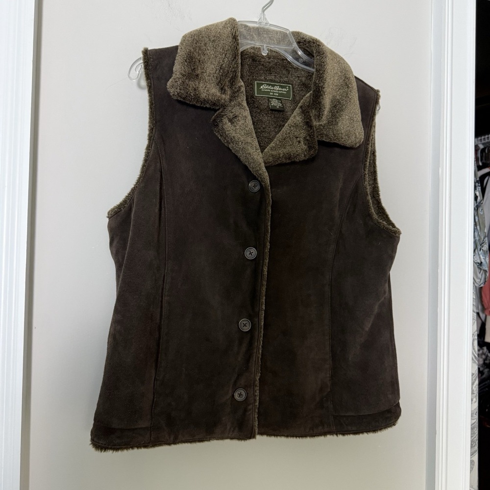Eddie Bauer Suede Leather Vest Brown Faux Fur 90s Sz M Button Up Pockets Vintage